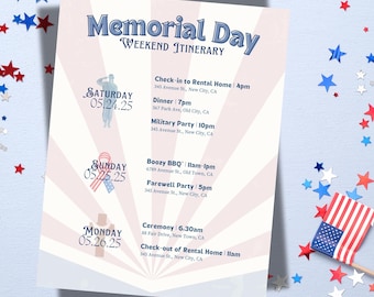 Memorial Day Itinerary Template - Editable Canva Holiday Weekend Planner - Patriotic Military Schedule - Honor Fallen Heroes - Printable