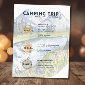 May include: A watercolor illustration of a camping trip itinerary for the weekend of August 3rd to 5th. The itinerary includes activities like check-in to rental, dinner, BBQ party, boating and brunching, bonfire party, half marathon, and check-out of rental. Each activity lists the date, time, and location.