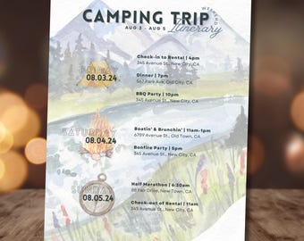 Camping Trip Itinerary | Outdoor Adventure Planner | Editable Canva Itinerary for Nature Lovers & Wilderness Getaways | Hiking, Biking, RVs