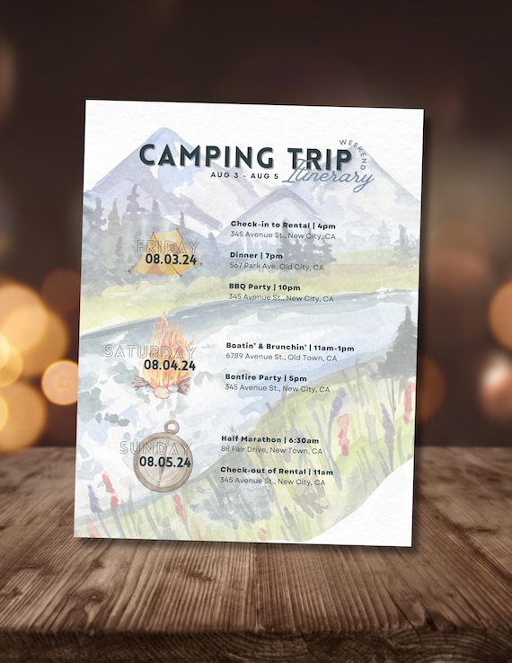 Camping Trip Itinerary | Outdoor Adventure Planner | Editable Canva Itinerary for Nature Lovers & Wilderness Getaways | Hiking, Biking, RVs