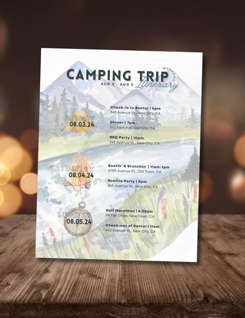 May include: A watercolor illustration of a camping trip itinerary for the weekend of August 3rd to 5th. The itinerary includes activities like check-in to rental, dinner, BBQ party, boating and brunching, bonfire party, half marathon, and check-out of rental. Each activity lists the date, time, and location.