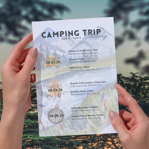 May include: A watercolor illustration of a camping trip itinerary with a mountain scene. The itinerary includes activities for Friday, Saturday, and Sunday, August 3-5, 2024.  The activities include check-in to rental, dinner, BBQ party, boating and brunching, bonfire party, half marathon, and check-out of rental.  Each activity includes a time and location.