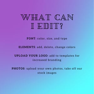 May include: Text on a gradient background that reads "WHAT CAN I EDIT?" with a list of editable features: font, elements, logo, and photos.