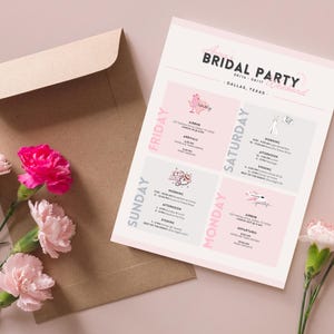 Girls Weekend Itinerary | Bachelorette/Bridal Party Schedule | Pink & Fun Editable Itinerary Template for Girls Trip or Wedding Festivities