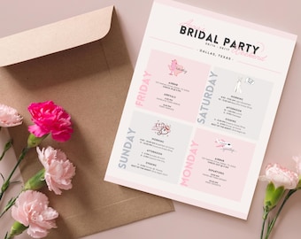 Girls Weekend Itinerary | Bachelorette/Bridal Party Schedule | Pink & Fun Editable Itinerary Template for Girls Trip or Wedding Festivities