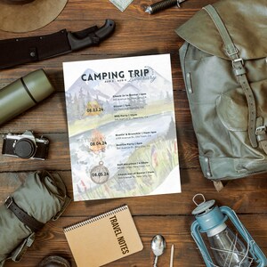 May include: A camping trip itinerary with a watercolor background. The itinerary includes check-in, activities, and check-out dates and times. The text reads "Camping Trip Itinerary Aug 3 - Aug 5".