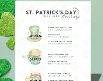 St. Patrick’s Day Itinerary Template | Festive Green Event Planner | Printable Weekend Activity Schedule Custom | Long Weekend Trip