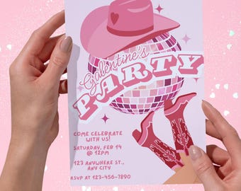 Galentines Girls Night Invitation Canva Template Printable Pink Galentines Party Invitation Valentine's Day Pink Country and Western Disco