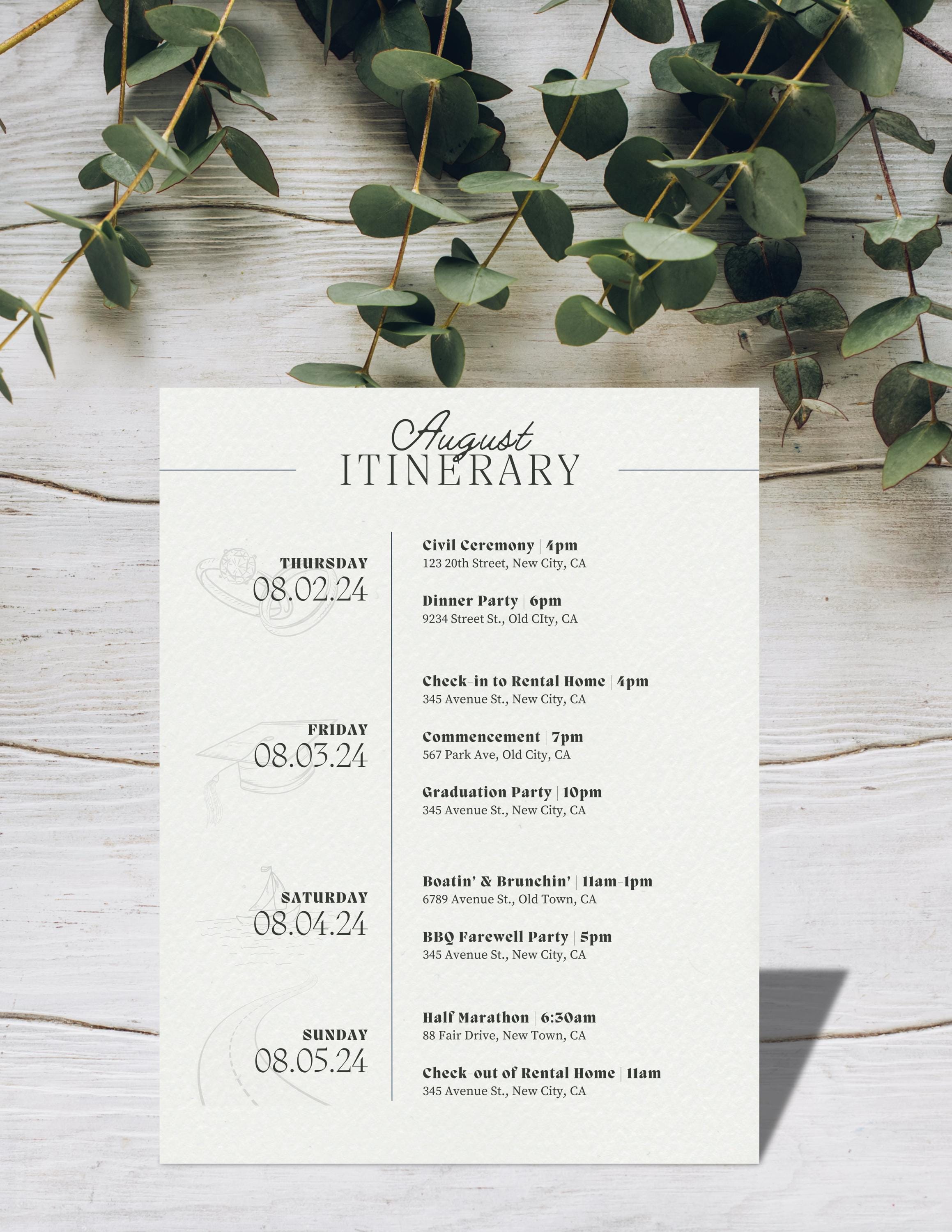 Elegant Weekend Itinerary Template | Custom Long Weekend Schedule ...