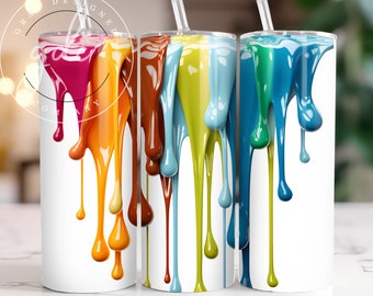 May include: Three white tumblers with colorful paint dripping down the sides. The colors are orange, yellow, blue, green, and pink.
