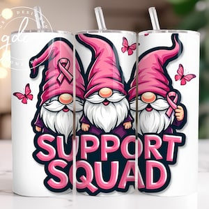 May include: Three pink gnomes with pink hats and white beards holding pink ribbons. The gnomes are on a white background with the text "Support Squad" in pink letters.