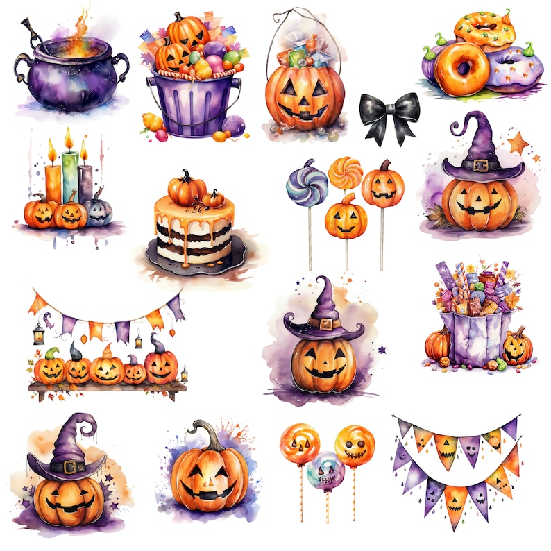 May include: Watercolor illustrations of Halloween themed items, including pumpkins, candy, witches hats, and a cauldron. The illustrations are painted in a variety of colors, including orange, purple, green, and black.