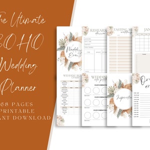 Op de afbeelding: Een afdrukbare trouwplanner met een boho-thema. De omslag toont de tekst "The Ultimate BOHO Wedding Planner" en "68 PAGES PRINTABLE INSTANT DOWNLOAD". De binnenpagina's bevatten secties voor bruiloftsevenementen, budget, kleurenpalet en planning.