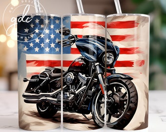 American Flag Motorcycle Tumbler Wrap: Patriotic Sublimation Design (20oz Skinny Tumbler)