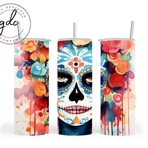 Día de los Muertos 20 oz Skinny Tumbler Sublimation Design Descarga digital PNG Instant DIGITAL solamente, Halloween Tumbler Wrap Sugar Skull
