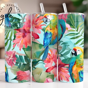 Parrot Tumbler Sublimation Design: Tropical Floral 20 oz Skinny Tumbler (Digital Download)