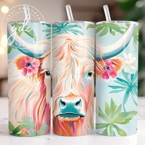 Floral Highland Cow Tumbler Wrap: 20 oz Skinny Tumbler PNG (Digital Download)