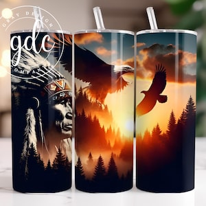 May include: Three stainless steel tumblers with different designs. The first tumbler features a Native American chief with a headdress. The second tumbler features a silhouette of an eagle flying over a forest at sunset. The third tumbler features a silhouette of an eagle flying over a forest at sunset.