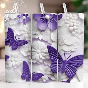 Purple Butterfly Tumbler Sublimation Design: 3D Floral Wrap (Digital Download)