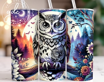 Watercolor Owl Tumbler Wrap: 20oz Skinny Sublimation Design (PNG Download)