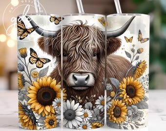 Highland Cow Tumbler Wrap: Sunflower Butterfly Design (Digital Download)