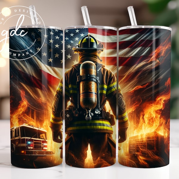 USA Firefighter 20 oz Straight Tumbler Sublimation Design Digital Download PNG, Skinny Tumbler Design Digital Only, Firefighter Tumbler Wrap