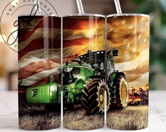 American Flag Tractor Tumbler Design: 20oz Skinny Sublimation (PNG)