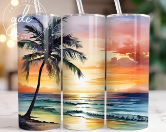 Ocean Palm Sunset 20oz Skinny Tumbler Sublimation Design (PNG Digital Download)