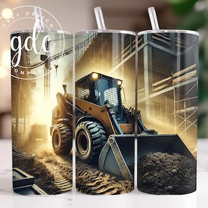 May include: A yellow construction vehicle with a large bucket is shown in front of a city construction site. The vehicle is driving on a dirt road. The background is a city skyline with tall buildings and scaffolding.