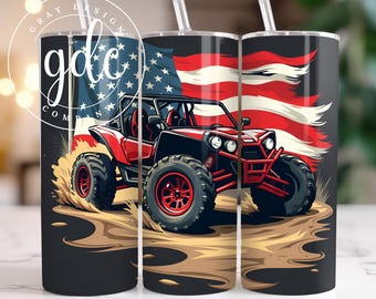 May include: A red and black off-road vehicle with a red, white, and blue American flag in the background. The vehicle is driving through a dirt path. The tumbler is made of stainless steel and has a black finish.