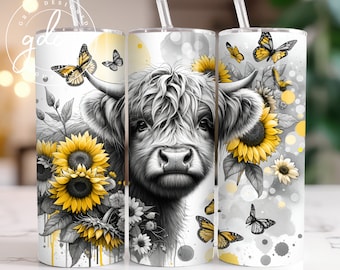 Highland Cow Sunflower Tumbler Wrap: Sublimation Design (Digital Download)