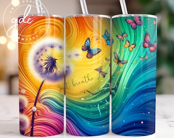 Just Breathe Tumbler Wrap: Dandelion & Butterflies Sublimation Design (Digital Download)