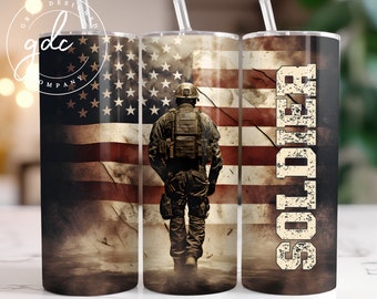 Patriotic Soldier Tumbler Sublimation Design: American Flag 20 oz Skinny Tumbler (Digital Download)
