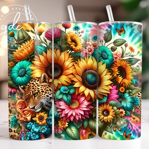 Sunflower Tumbler Wrap: Bee Happy, Leopard Floral Design (Digital Download)