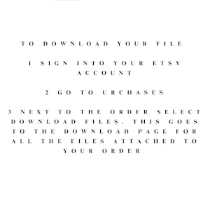 May include: Instructions on how to download a digital file from Etsy. The steps include signing into your Etsy account, going to your purchases, and selecting the download files option next to the order.