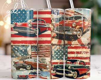 Classic Car Tumbler PNG Sublimationsdesign: Amerikanische Flagge 20 Oz Skinny (Instant Download)