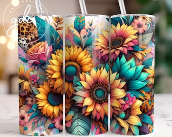 Sunflower Tumbler Design: Tie Dye Leopard Glitter Wrap (PNG Digital Download)