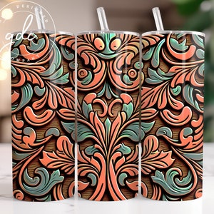 3D Floral Tumbler Wrap: Wood Grain Tooled Leather Design (PNG Digital Download)
