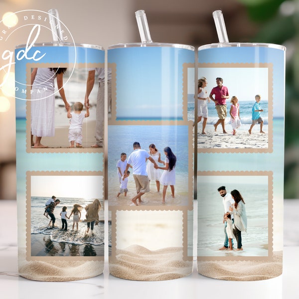 Beach Photo Tumbler Template, Png Sublimation Photo Collage 20oz Skinny Tumbler, Polaroid Frame, Waterslide Full Wrap, Add Photos