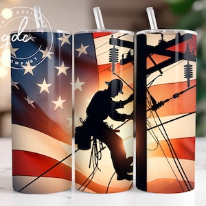 Lineman American Flag 20 oz Skinny Tumbler Sublimation Design Digital Download PNG Lineman Tumbler, Wall Art, Clip Art