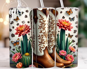 Cowgirl Boots Tumbler Wrap: Western Cactus Floral Design (Digital Download)