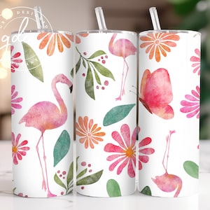 Flamingo Tumbler Sublimation Design: Pastel Floral 20 oz Skinny Tumbler (PNG File)