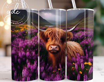 Highland Cow Tumbler Wrap: Floral Sublimation Design (Digital Download)