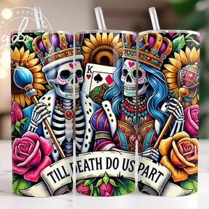 Até que a morte nos separe, cartas do rei e da rainha, envoltório de copo de 20 onças, copo para casais, download digital, sublimação, designs de copo de esqueleto