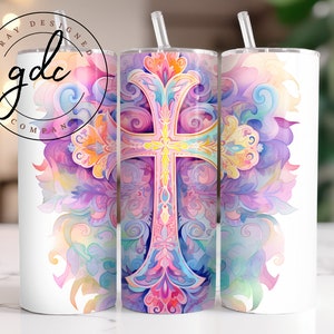 Holy Cross 20 oz Skinny Tumbler Sublimation Design Digital Download PNG Instant DIGITAL only, Christian Cross Tumbler Wrap Flower