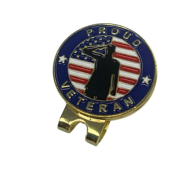 Proud Veterans Golf Ball Marker with Magnetic Hat Clip. Army, Navy, Marines, Air Force Volume Discounts Available