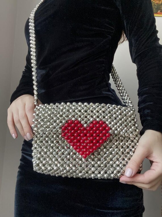 Silver Bead Bag, Heart Silver Bag, Heart Shaped Bag, Bead