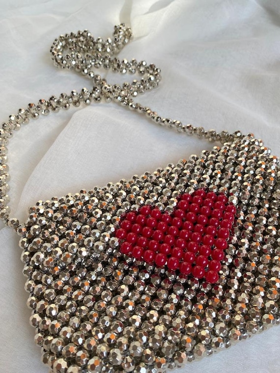 Silver Bead Bag, Heart Silver Bag, Heart Shaped Bag, Bead