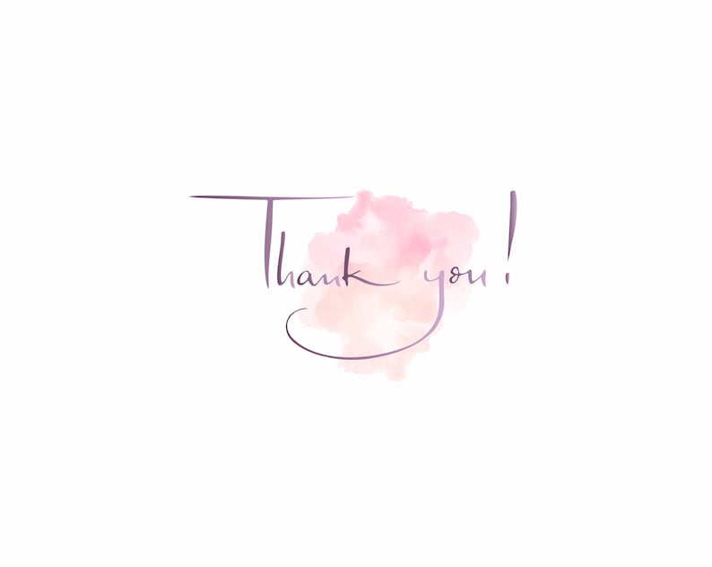 K&ouml;nnte beinhalten: Wei&szlig;er Hintergrund mit den Worten "Thank you!" in handschriftlichem Stil. Der Text ist in dunkler violetter Farbe gehalten, mit einer aquarellartigen rosa- und pfirsichfarbenen Wolke hinter den Worten.