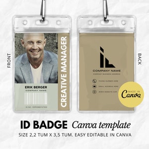 Modelo de cartão de identificação I Crachá para impressão I Editável no Canva I Crachá de plástico I Crachá de gerente I Crachá de escritório personalizado I Crachá de trabalho I Crachá de nome